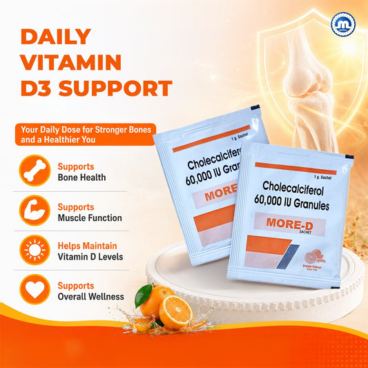 MORE-D Vitamin D3 60,000 IU Granules | Sugar-Free Orange Flavour | 20 × 1g Sachets