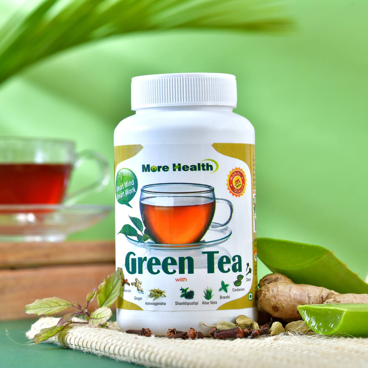 More Health Premium Green Tea |  Ayurvedic Herbal Tea with Ashwagandha, Tulsi, Ginger, Lemon Grass & other herbs | Natural Immunity Booster Kadha for Detox & Wellness | 150g
