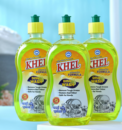 KHEL Dishwash Liquid 500ml (Pack of 3) | Dishwashing Liquid for Utensils | Removes Tough Grease & Bad Odour | Dish Cleaning Gel for Kitchen with Lemon Fragrance