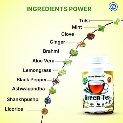 More Health Premium Green Tea |  Ayurvedic Herbal Tea with Ashwagandha, Tulsi, Ginger, Lemon Grass & other herbs | Natural Immunity Booster Kadha for Detox & Wellness | 150g