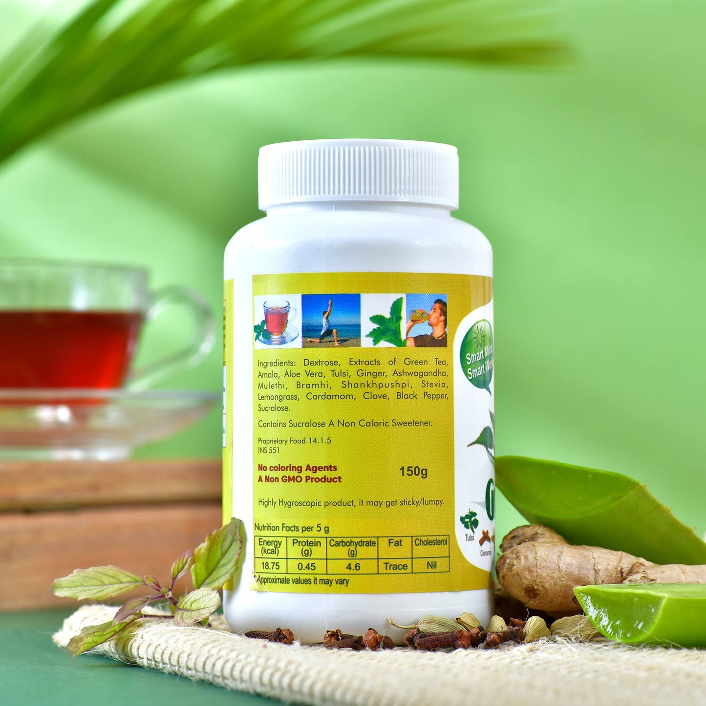 More Health Premium Green Tea |  Ayurvedic Herbal Tea with Ashwagandha, Tulsi, Ginger, Lemon Grass & other herbs | Natural Immunity Booster Kadha for Detox & Wellness | 150g