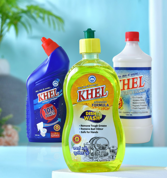 KHEL Cleaning Combo Toilet Cleaner 500ml + Floor Cleaner 1L + Dishwash Liquid 500ml | Bathroom Cleaner, Floor Cleaner Phenyl & Dishwash Gel | Home Cleaning Liquids for Kitchen & Bathroom