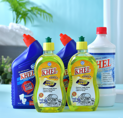 KHEL Cleaning Combo Toilet Cleaner 500ml (Pack of 2) + Floor Cleaner 1L + Dishwash Liquid 500ml (Pack of 2) | Bathroom Cleaner, Floor Cleaner Phenyl & Dishwash Gel for Home & Kitchen