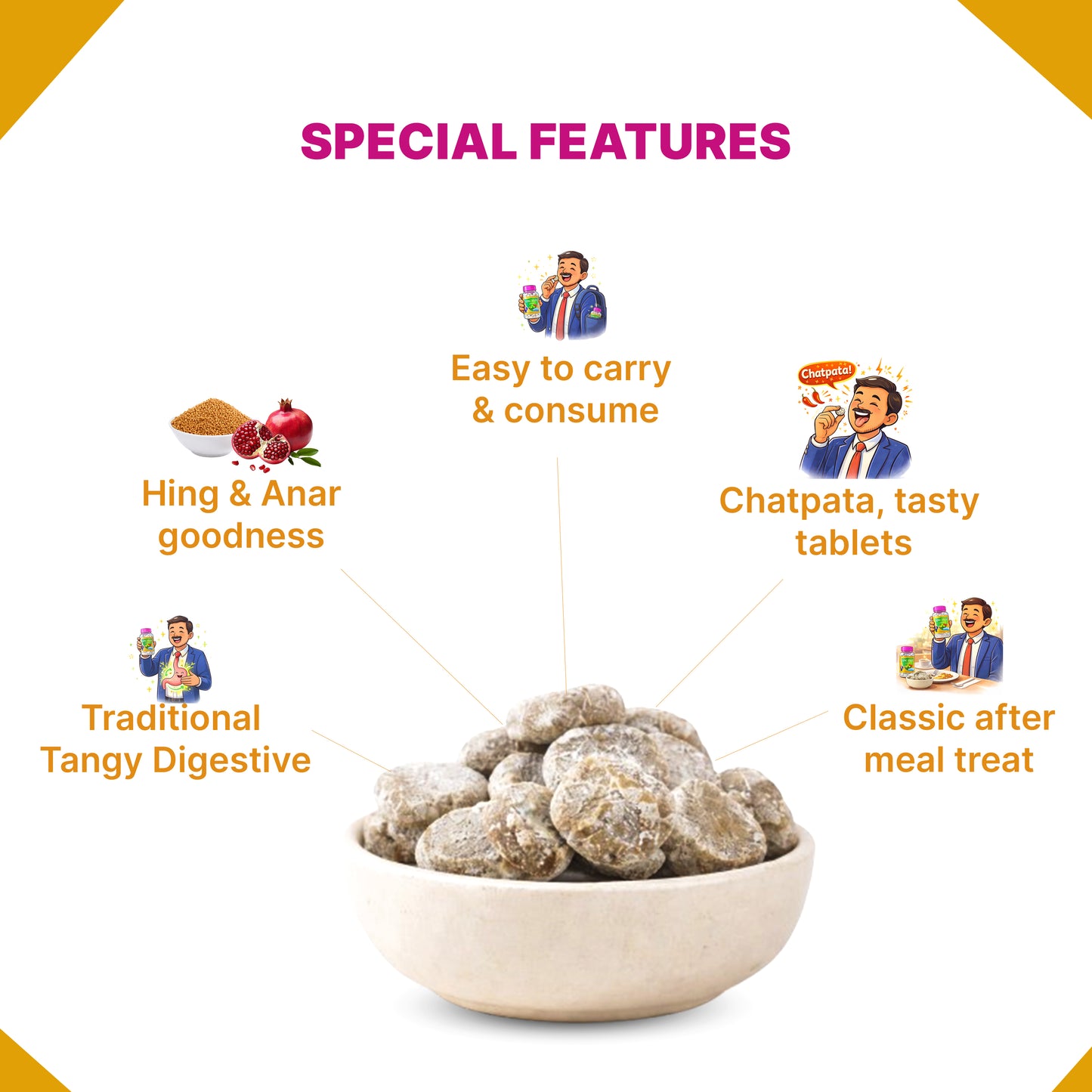 Hing Anar Ayurvedic Digestive Tablets (Goli) | Healthy & Tasty | Asafoetida & Anardana Goli for Gas, Acidity & Indigestion | After Meal Digestive Candy | Pack of 4x100g each