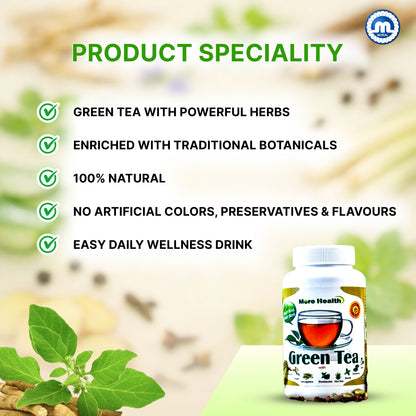 More Health Premium Green Tea |  Ayurvedic Herbal Tea with Ashwagandha, Tulsi, Ginger, Lemon Grass & other herbs | Natural Immunity Booster Kadha for Detox & Wellness | 150g