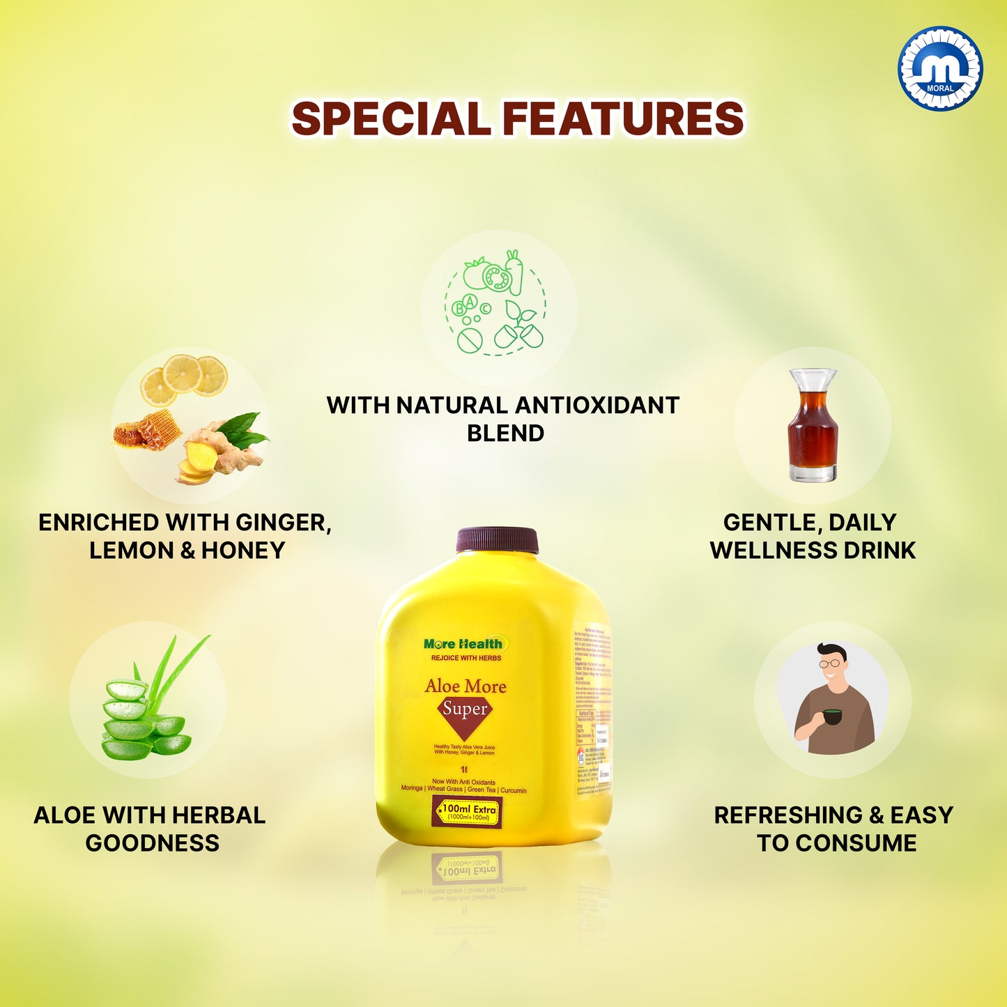 More Health Aloe Vera Juice with Honey, Ginger & Lemon | Enriched with Moringa, Wheatgrass, Green Tea & Curcumin | Ayurvedic Detox Juice for Digestion, Gut Health, Immunity, Skin & Hair | 1L + 100ml Extra