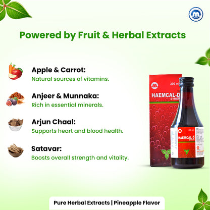 Haemcal-D Syrup 200 ml | Iron & Calcium Tonic for Hemoglobin Boost | Herbal Health Supplement for Immunity, Energy & Bone Support | For Adults & Children | Pineapple Flavor