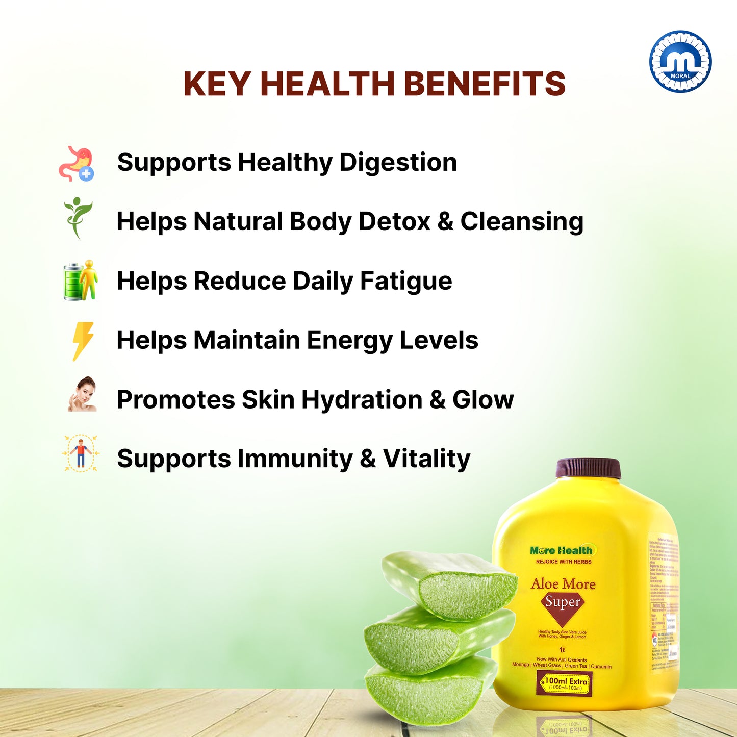 More Health Aloe Vera Juice with Honey, Ginger & Lemon | Enriched with Moringa, Wheatgrass, Green Tea & Curcumin | Ayurvedic Detox Juice for Digestion, Gut Health, Immunity, Skin & Hair | 1L + 100ml Extra