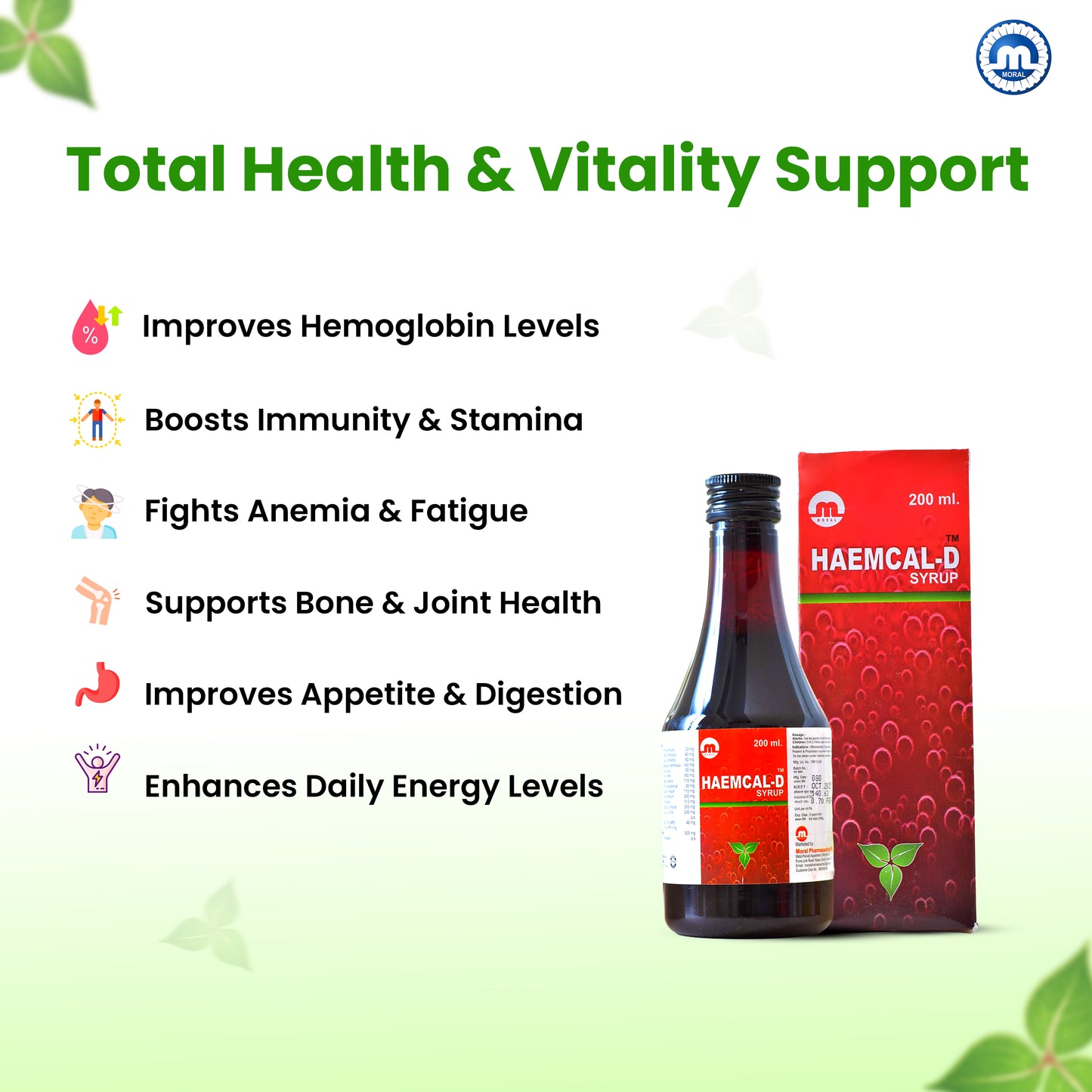 Haemcal-D Syrup 200 ml | Iron & Calcium Tonic for Hemoglobin Boost | Herbal Health Supplement for Immunity, Energy & Bone Support | For Adults & Children | Pineapple Flavor
