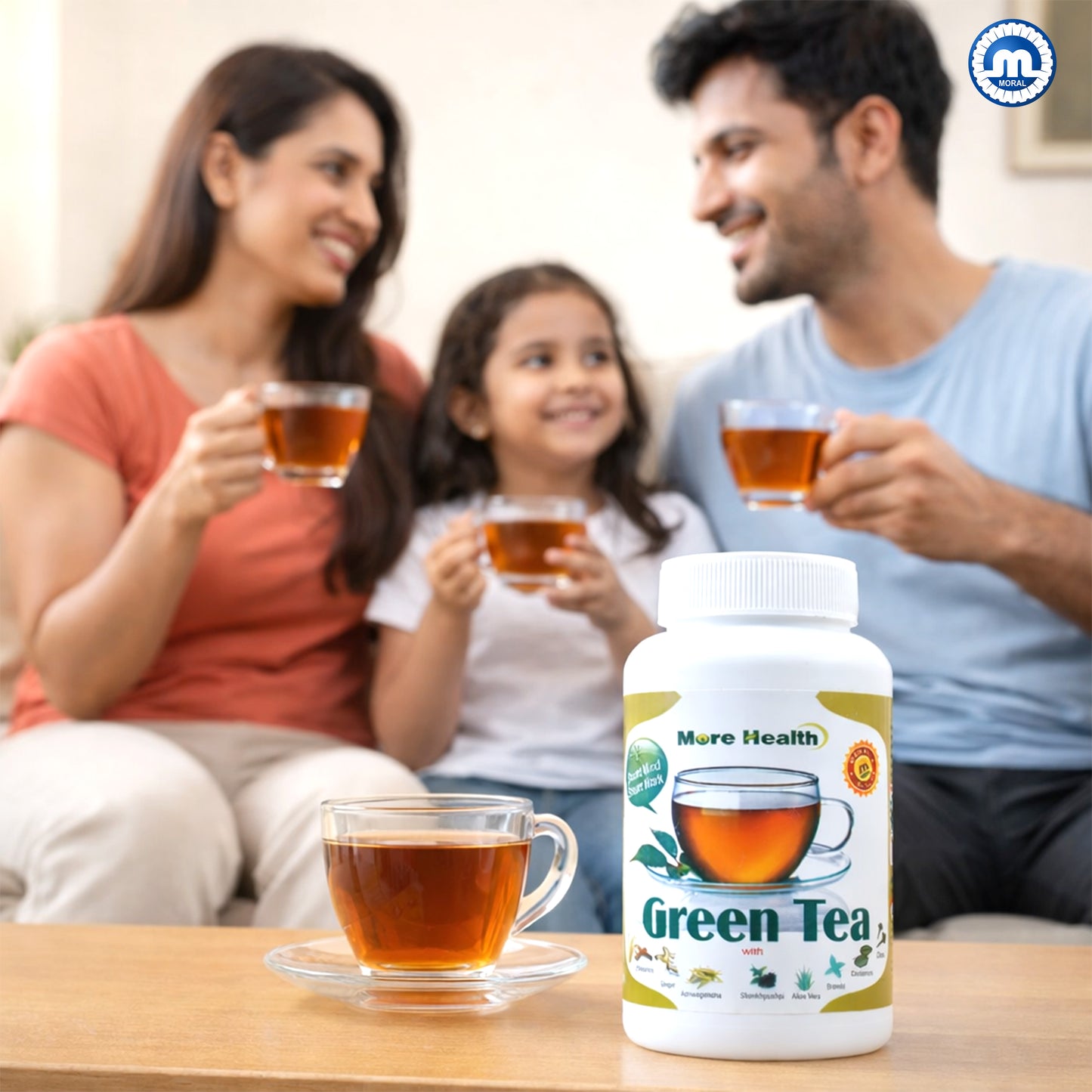 More Health Premium Green Tea |  Ayurvedic Herbal Tea with Ashwagandha, Tulsi, Ginger, Lemon Grass & other herbs | Natural Immunity Booster Kadha for Detox & Wellness | 150g