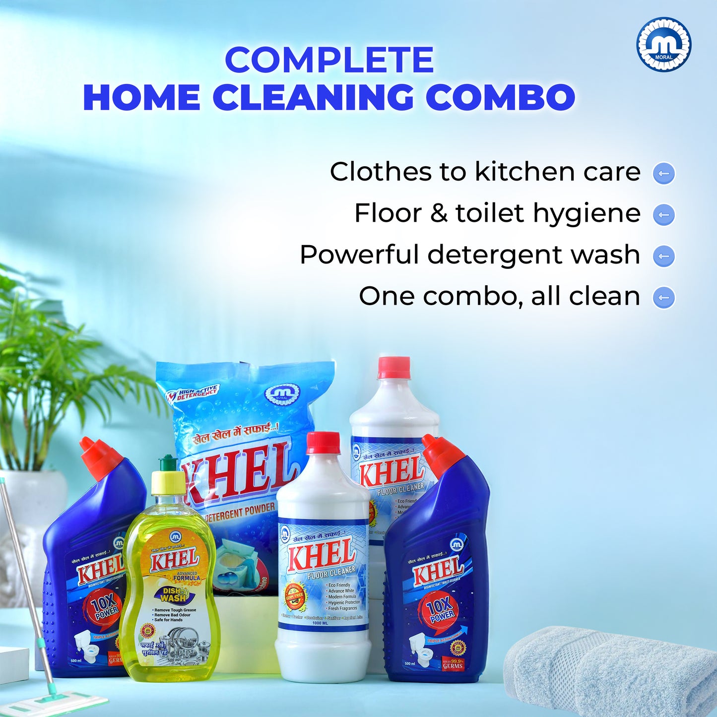 KHEL Combo Detergent Powder 1kg + Toilet Cleaner 500ml (2 Pack) + Floor Cleaner 1L (2 Pack) + Dishwash Liquid 500ml | Washing Powder, Toilet Cleaner Liquid, Floor Cleaner Phenyl & Dishwash Gel