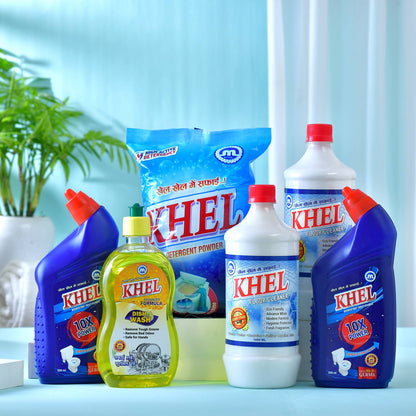 KHEL Combo Detergent Powder 1kg + Toilet Cleaner 500ml (2 Pack) + Floor Cleaner 1L (2 Pack) + Dishwash Liquid 500ml | Washing Powder, Toilet Cleaner Liquid, Floor Cleaner Phenyl & Dishwash Gel