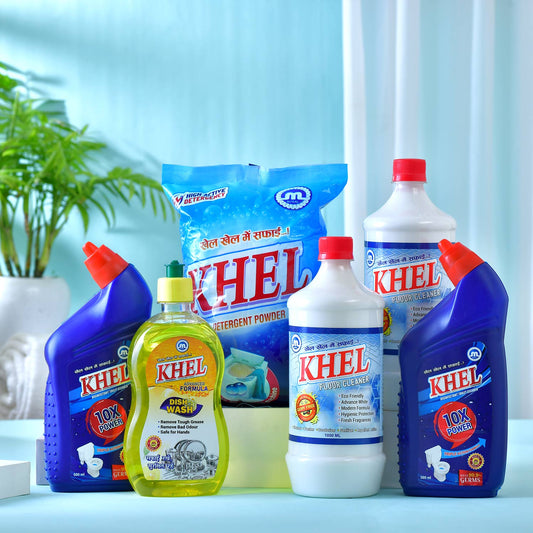 KHEL Combo Detergent Powder 1kg + Toilet Cleaner 500ml (2 Pack) + Floor Cleaner 1L (2 Pack) + Dishwash Liquid 500ml | Washing Powder, Toilet Cleaner Liquid, Floor Cleaner Phenyl & Dishwash Gel