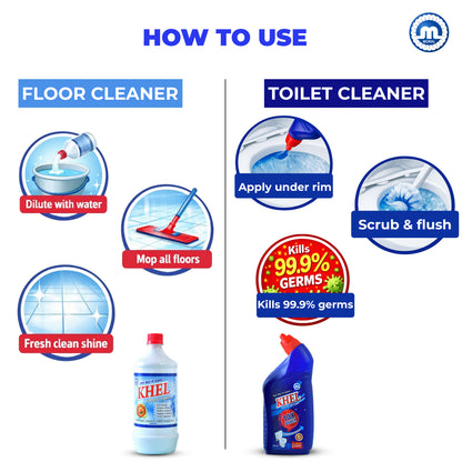 KHEL Toilet & Floor Cleaner Combo – 2×500 ml Powerful Toilet Cleaner + 2×1 L Floor Cleaner – Deep Cleaning, Germ Protection & Long-Lasting Freshness – Home & Bathroom Hygiene