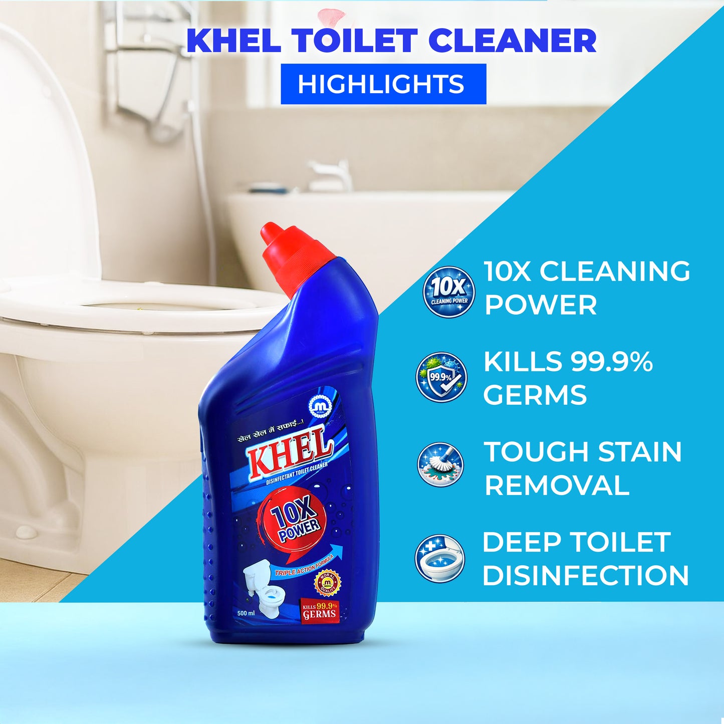 KHEL Toilet Cleaner 500ml (Pack of 3) | Bathroom Toilet Cleaning Liquid | Removes Tough Stains, Limescale & Bad Odour | Powerful Germ Killer Toilet Bowl Cleaner for Daily Bathroom Hygiene