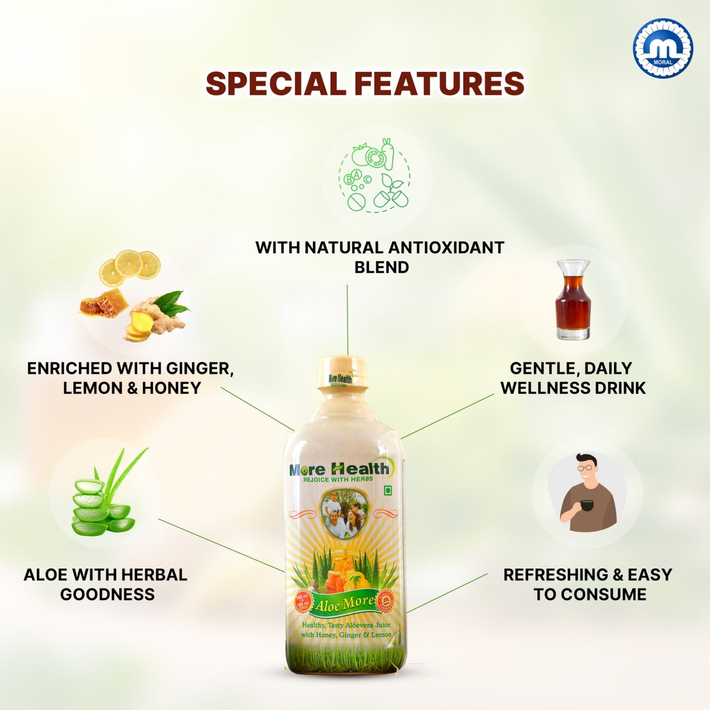 Aloe More Aloe Vera Juice | Natural Detox Drink with Honey, Ginger & Lemon | Ayurvedic Health Drink for Glowing Skin & Healthy Hair| Improves Digestion & Detoxify Body |500ml +100 ml extra