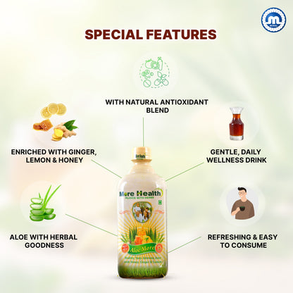 Aloe More Aloe Vera Juice | Natural Detox Drink with Honey, Ginger & Lemon | Ayurvedic Health Drink for Glowing Skin & Healthy Hair| Improves Digestion & Detoxify Body |500ml +100 ml extra