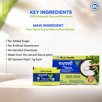 More Health Stevia Sachets | 100% Natural, Zero Calorie, Sugar Free Sweetener | No Added Sugar, No Preservatives | Plant Based Table Top Sweetener for Tea, Coffee  | Pack of 2x50 sachets