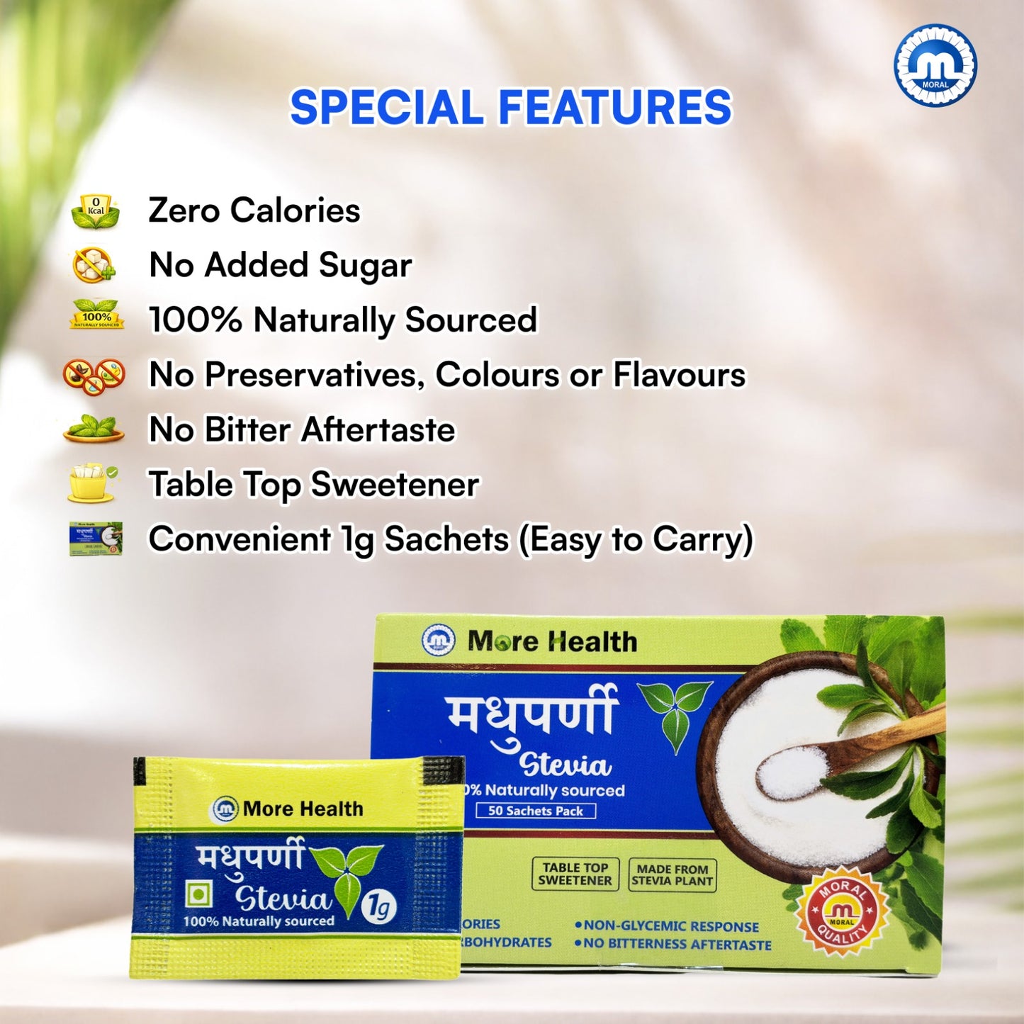More Health Stevia Sachets | 100% Natural, Zero Calorie, Sugar Free Sweetener | No Added Sugar, No Preservatives | Plant Based Table Top Sweetener for Tea, Coffee  | Pack of 2x50 sachets