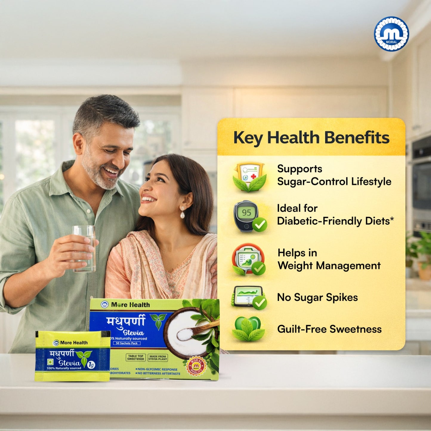 More Health Stevia Sachets | 100% Natural, Zero Calorie, Sugar Free Sweetener | No Added Sugar, No Preservatives | Plant Based Table Top Sweetener for Tea, Coffee  | Pack of 2x50 sachets