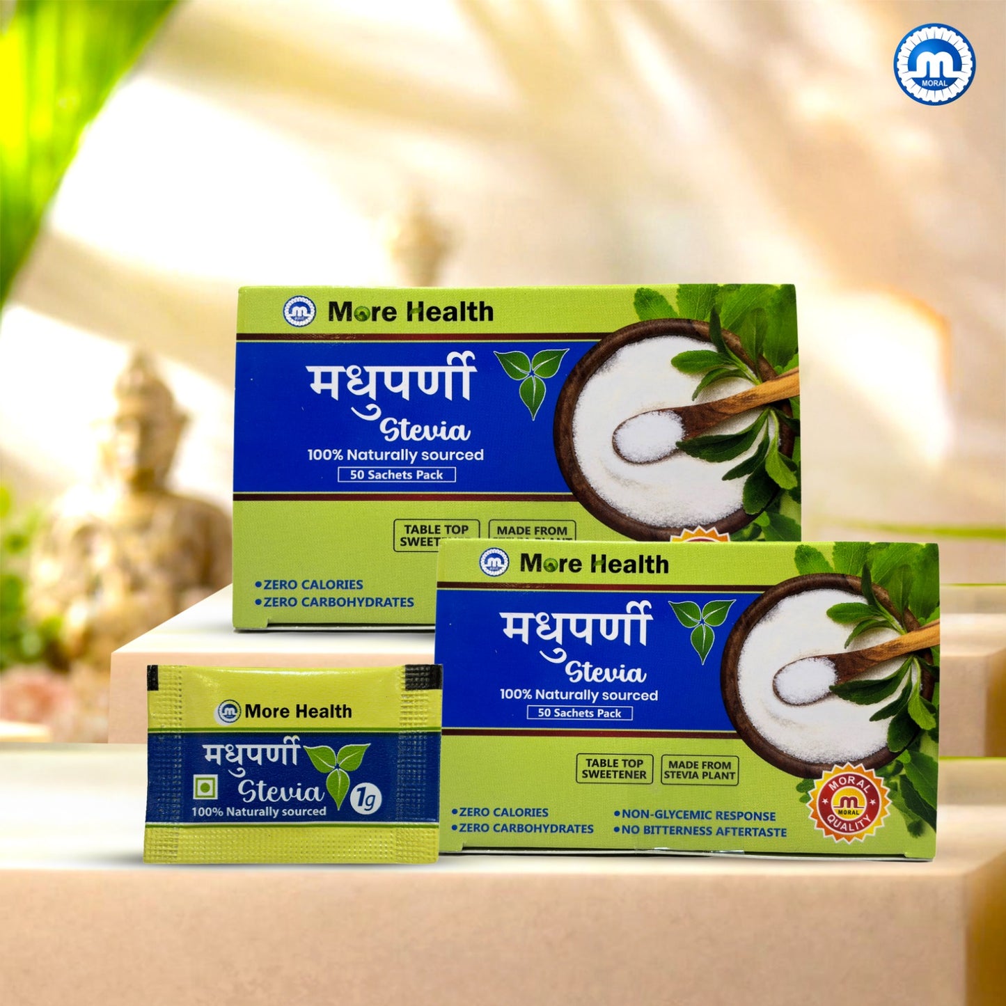 More Health Stevia Sachets | 100% Natural, Zero Calorie, Sugar Free Sweetener | No Added Sugar, No Preservatives | Plant Based Table Top Sweetener for Tea, Coffee  | Pack of 2x50 sachets