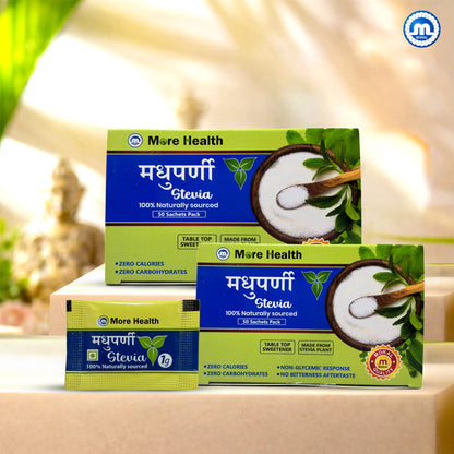 More Health Stevia Sachets | 100% Natural, Zero Calorie, Sugar Free Sweetener | No Added Sugar, No Preservatives | Plant Based Table Top Sweetener for Tea, Coffee  | Pack of 2x50 sachets