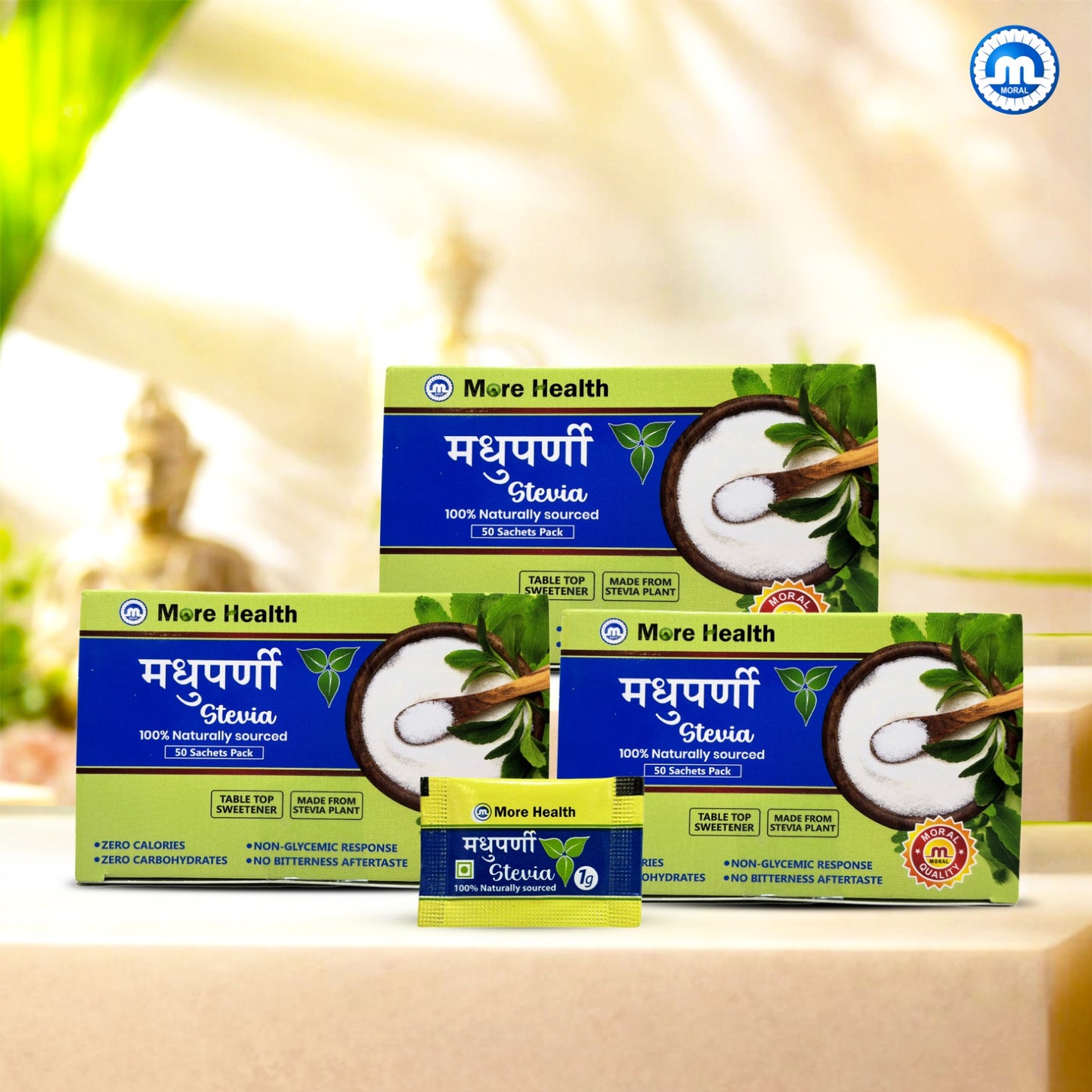 More Health Stevia Sachets | 100% Natural, Zero Calorie, Sugar Free Sweetener | No Added Sugar, No Preservatives | Plant Based Table Top Sweetener for Tea, Coffee  | Pack of 2x50 sachets