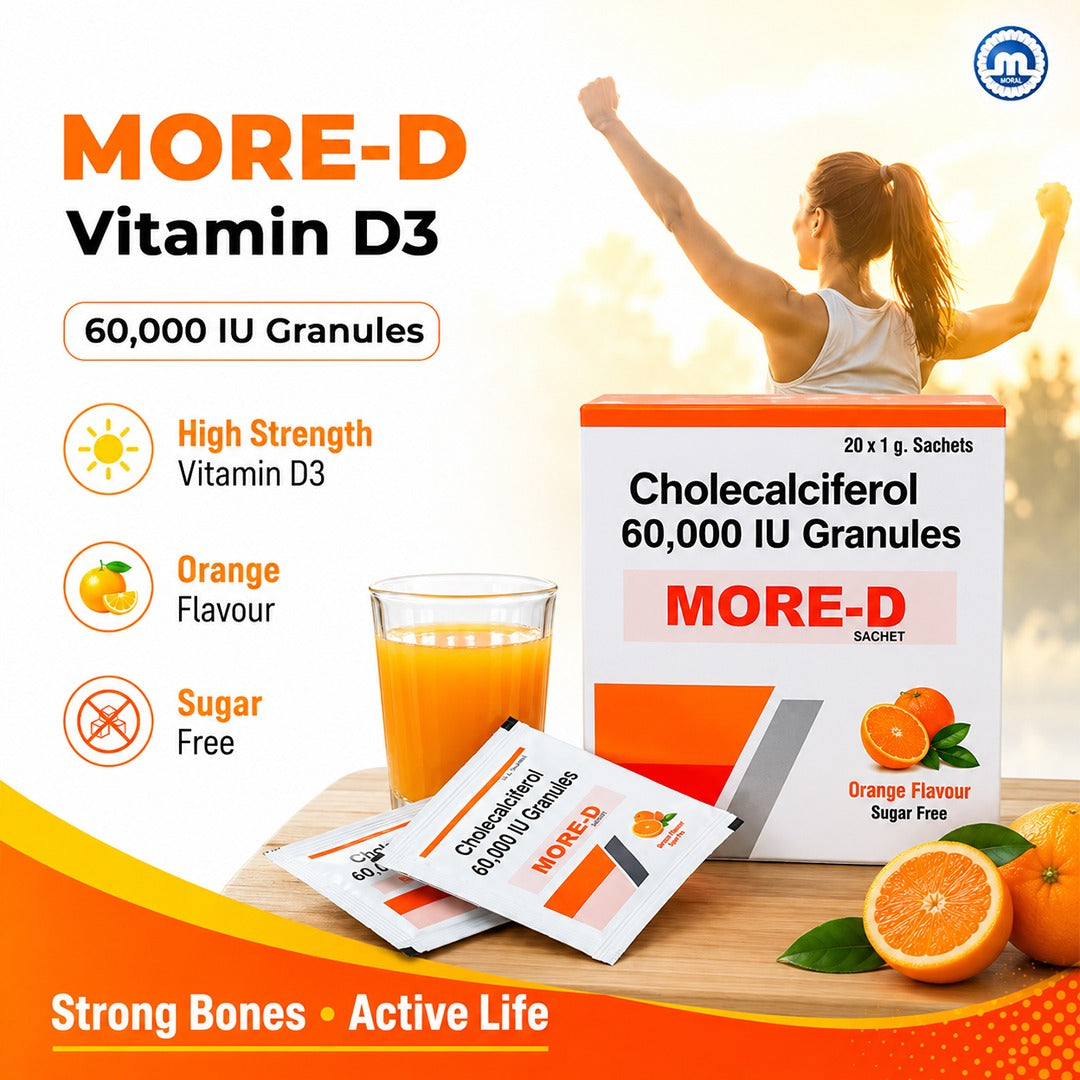 MORE-D Vitamin D3 60,000 IU Granules | Sugar-Free Orange Flavour | 20 × 1g Sachets