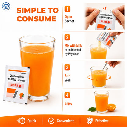MORE-D Vitamin D3 60,000 IU Granules | Sugar-Free Orange Flavour | 20 × 1g Sachets