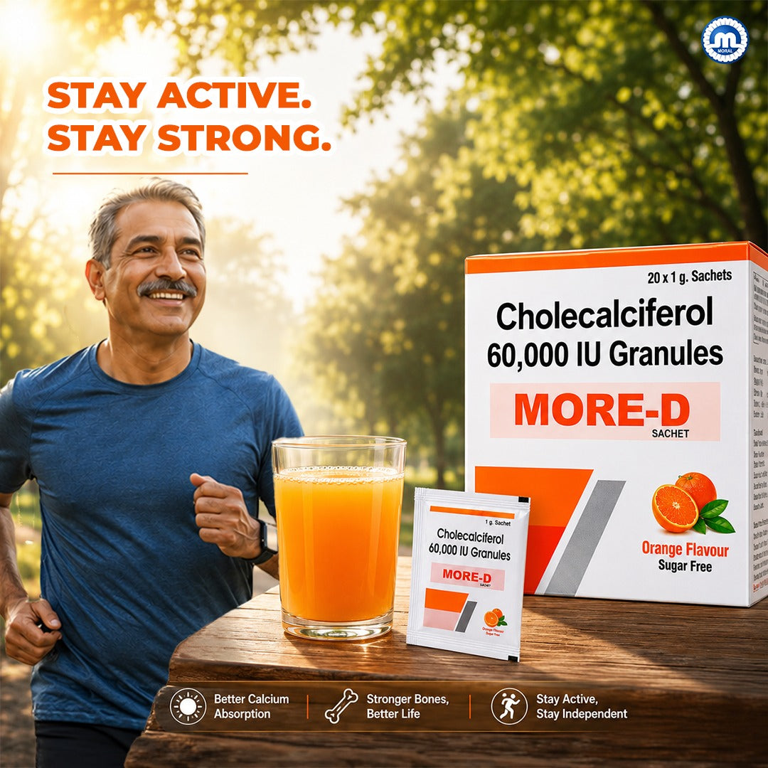 MORE-D Vitamin D3 60,000 IU Granules | Sugar-Free Orange Flavour | 20 × 1g Sachets