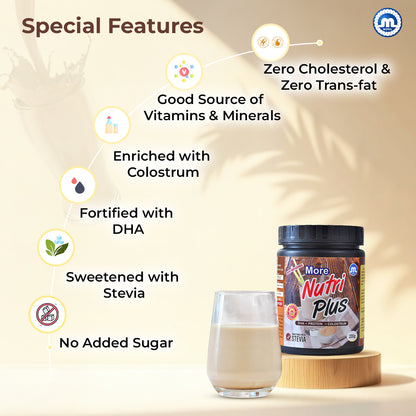 More Nutri Plus Sugar Free Protein Powder Health Drink with Stevia | Zero Added Sugar | Chocolate Flavour | DHA + Protein + Colostrum | Easy to Digest | Daily Nutrition | 400g (Pack of 2x200g)