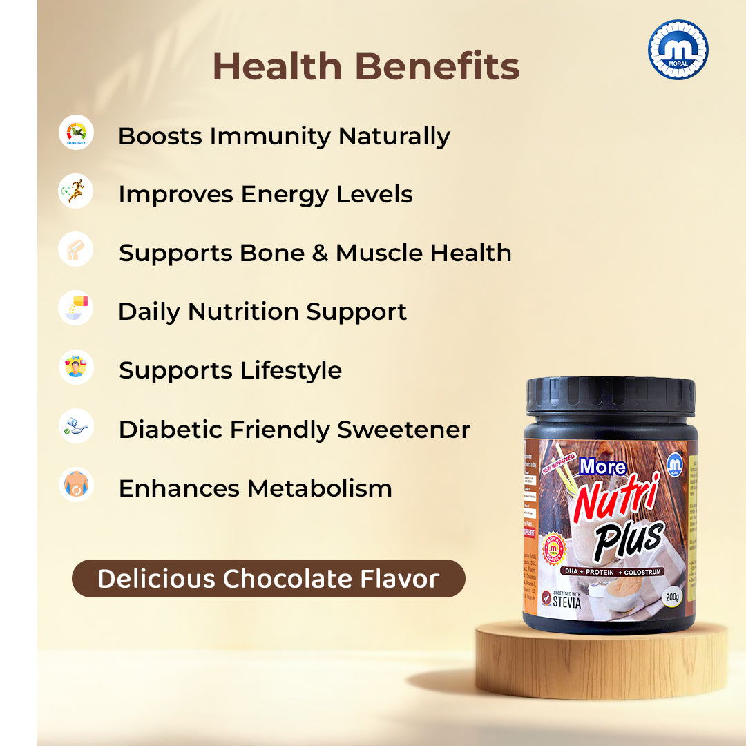 More Nutri Plus Sugar Free Protein Powder Health Drink with Stevia | Zero Added Sugar | Chocolate Flavour | DHA + Protein + Colostrum | Easy to Digest | Daily Nutrition | 400g (Pack of 2x200g)